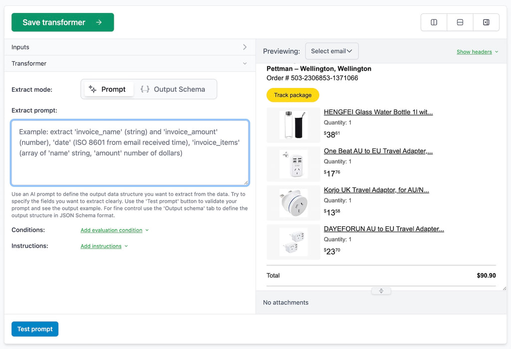 MailSlurp transformer editor for defining instructions and structured output fields.