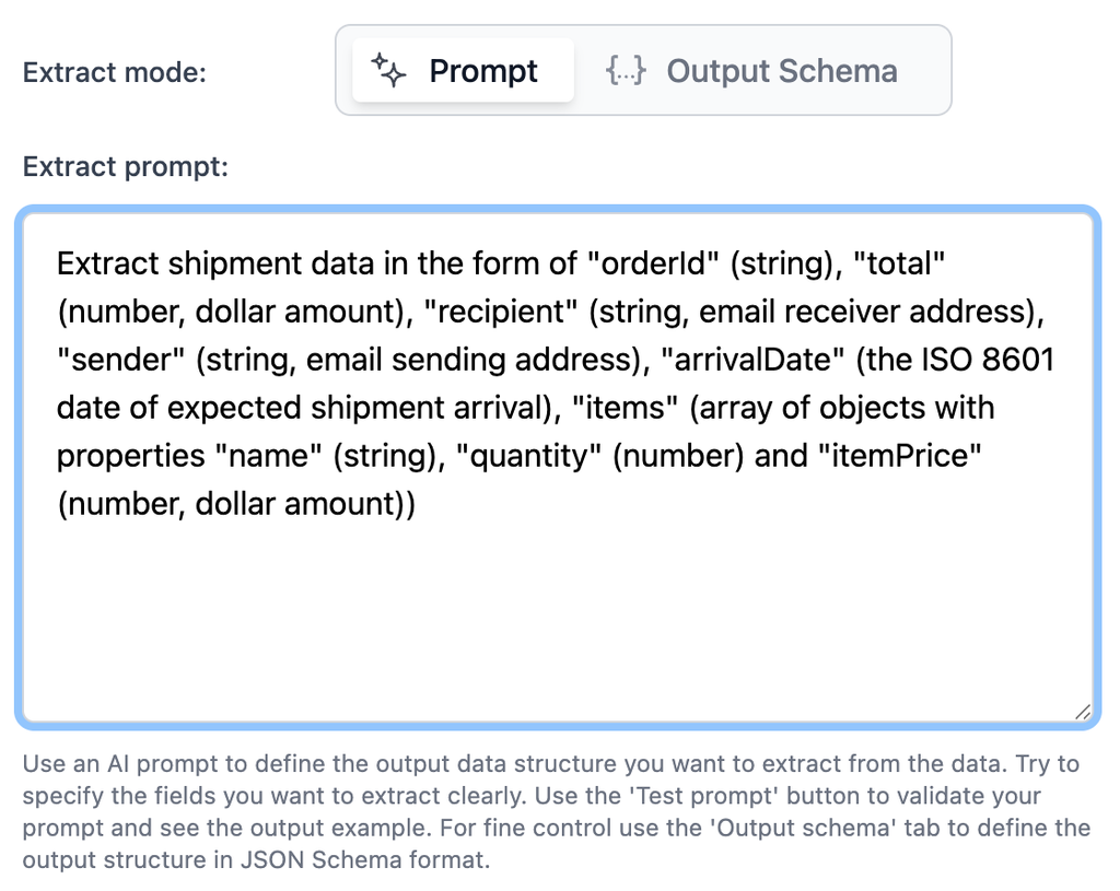 MailSlurp prompt editor with instructions for extracting shipment fields from an email.