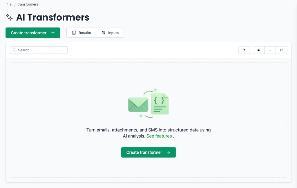 MailSlurp dashboard form for creating an AI transformer.