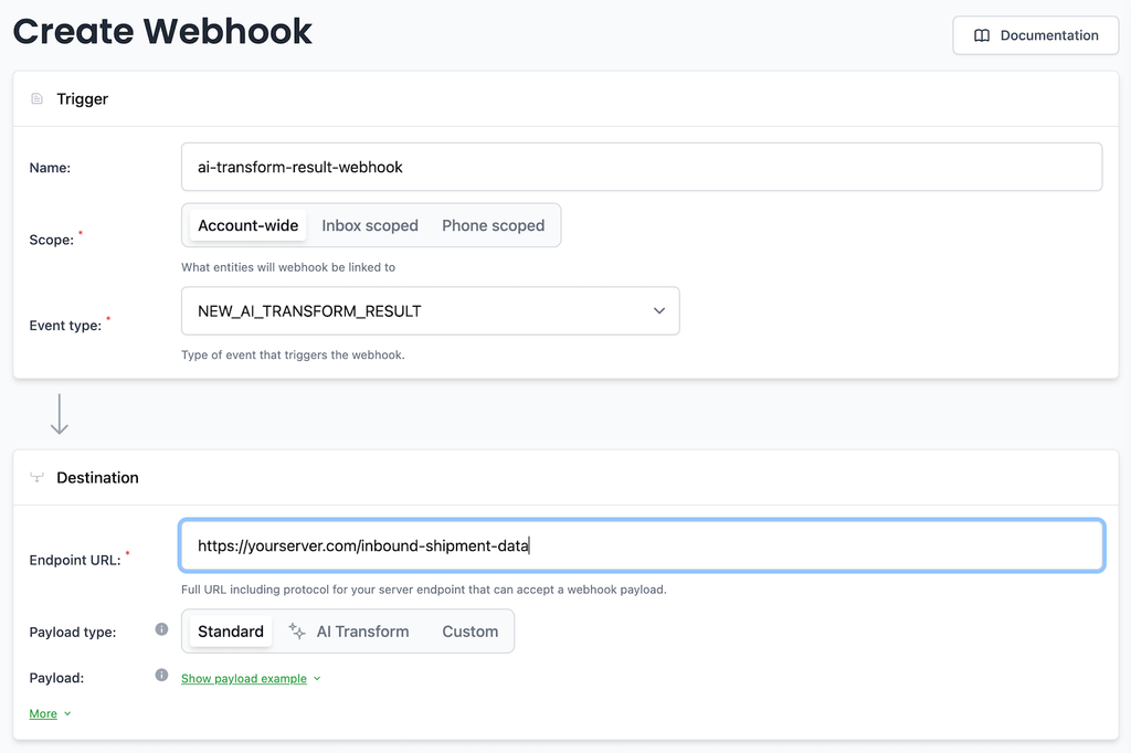 MailSlurp webhook configuration for sending new AI transform results to an application.