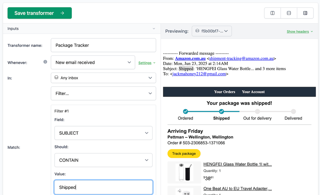 MailSlurp input mapping controls for matching shipment emails to an AI transformer.