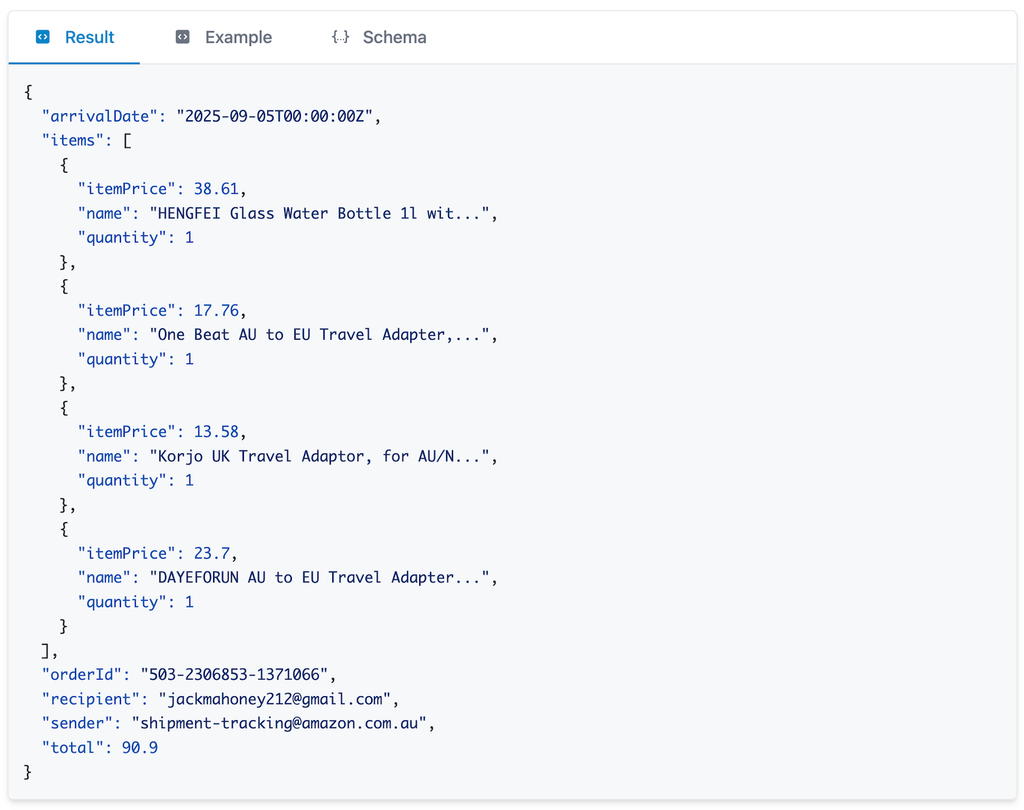 JSON output containing structured shipment fields extracted from an email.
