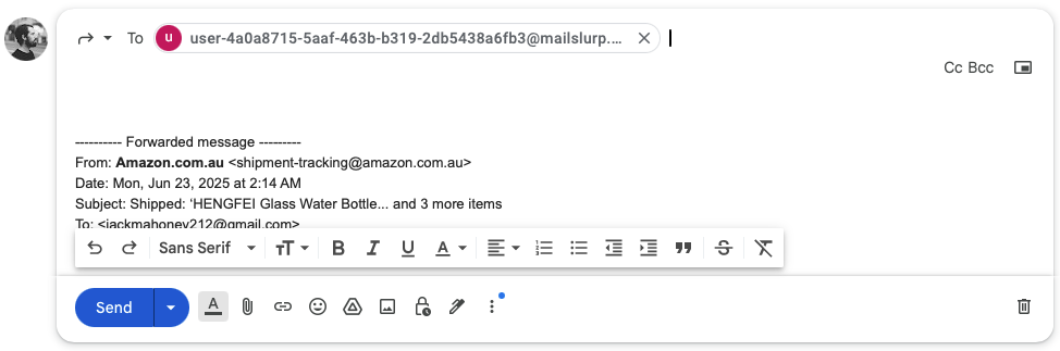 Forward shipment emails to a MailSlurp transformer inbox