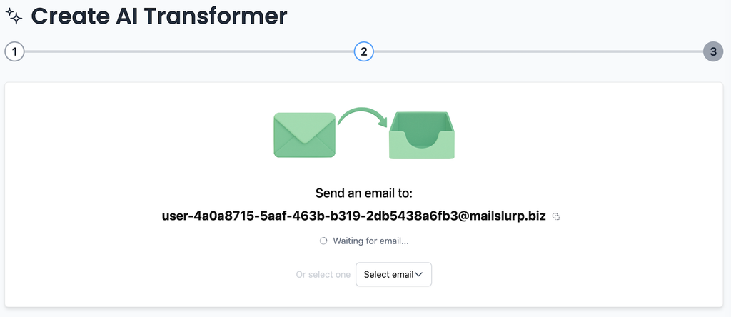 MailSlurp dashboard showing an inbox for sending a sample email to an AI transformer.
