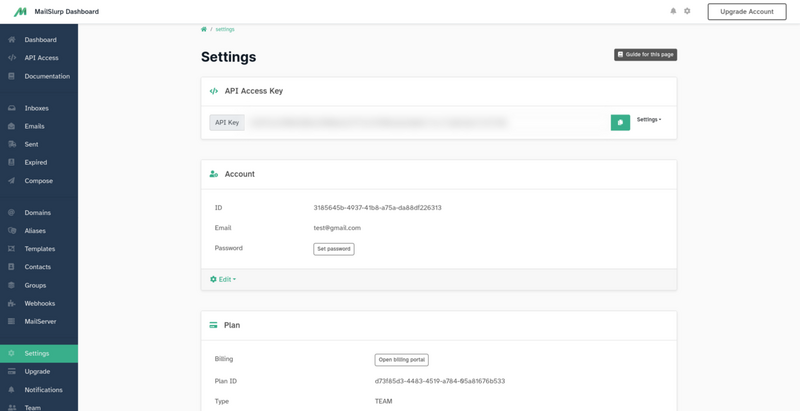 mailslurp settings