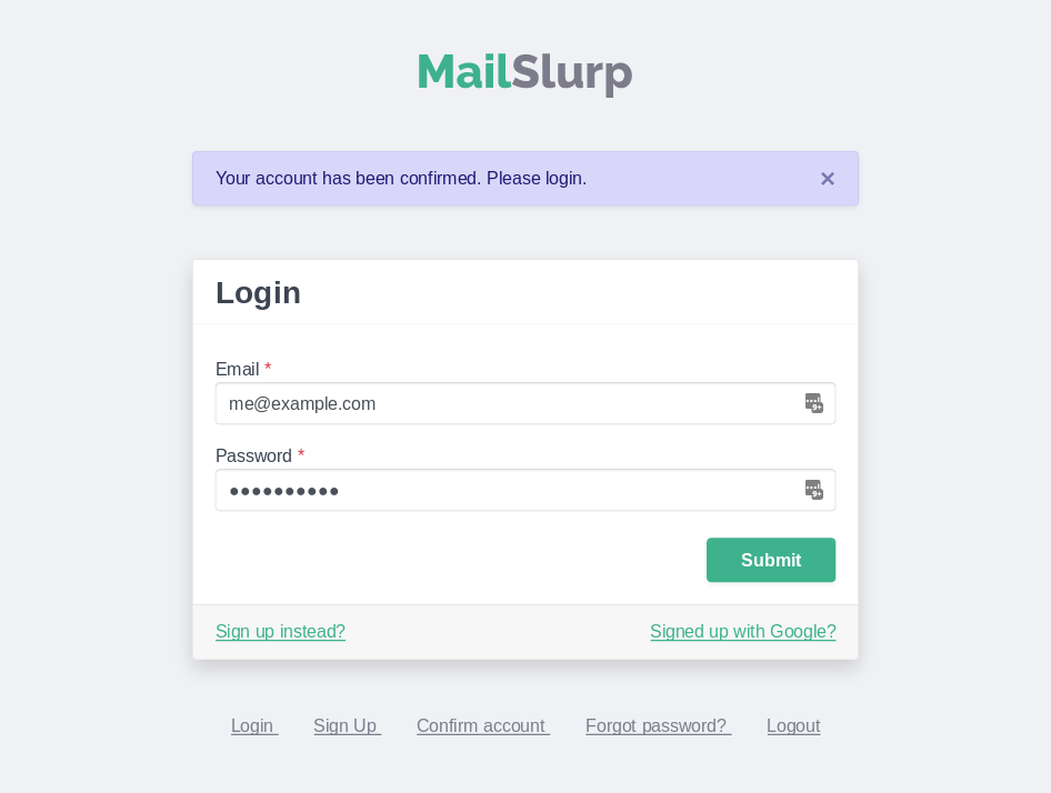 MailSlurp login screen