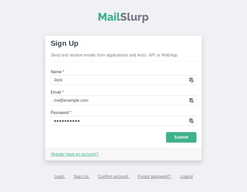 MailSlurp signup form