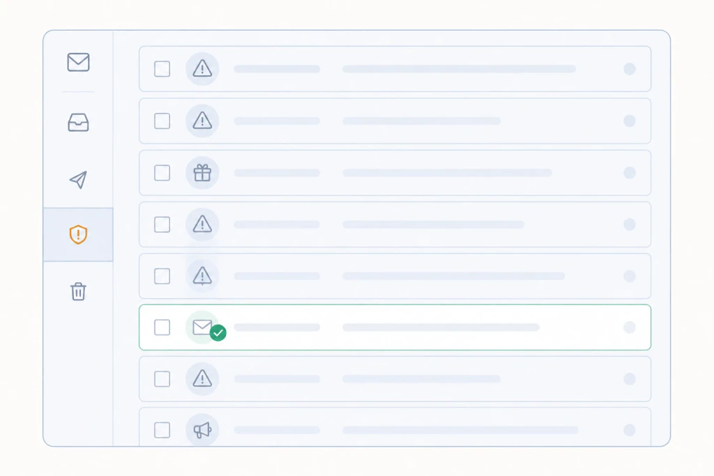 A legitimate verified email buried among suspicious messages in a junk folder