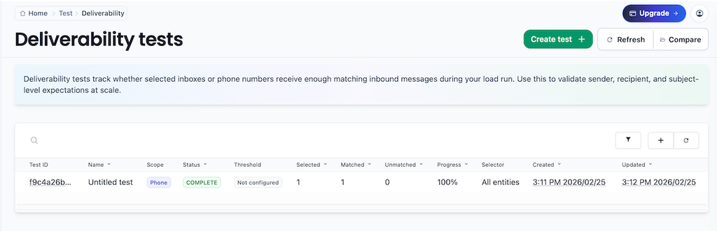 MailSlurp deliverability test creation screen