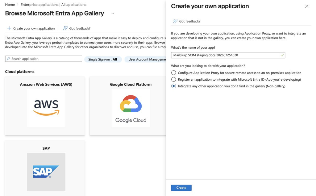 Create a non-gallery enterprise application for MailSlurp SCIM in Microsoft Entra