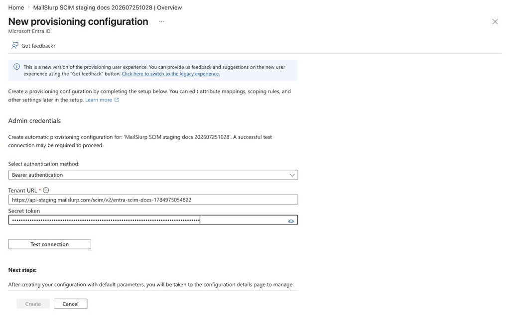 Microsoft Entra SCIM credentials with bearer authentication, tenant URL, and masked secret token