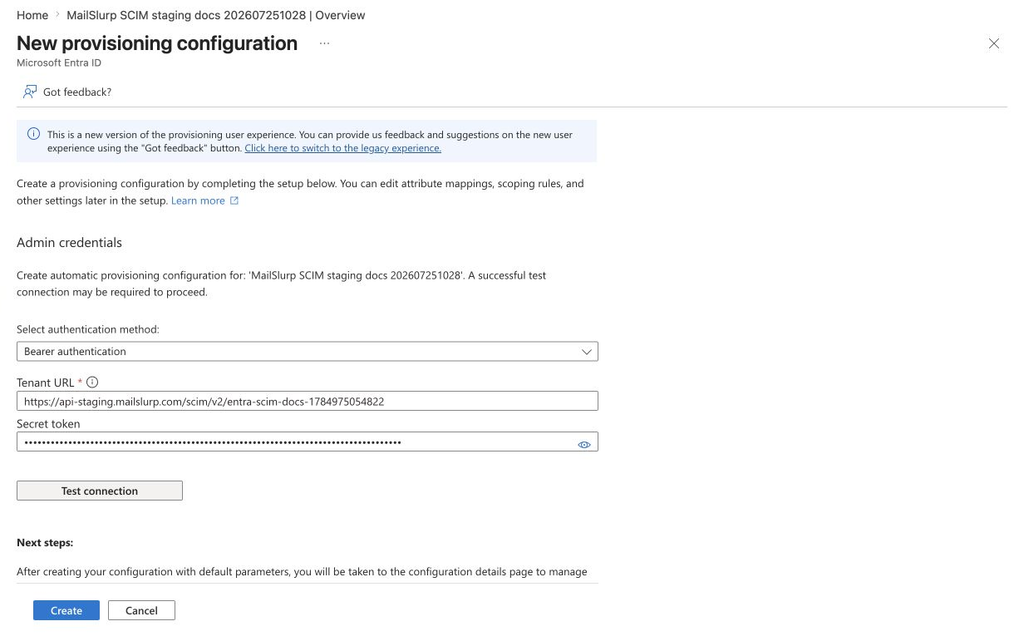 Microsoft Entra SCIM connection test complete with the Create button enabled