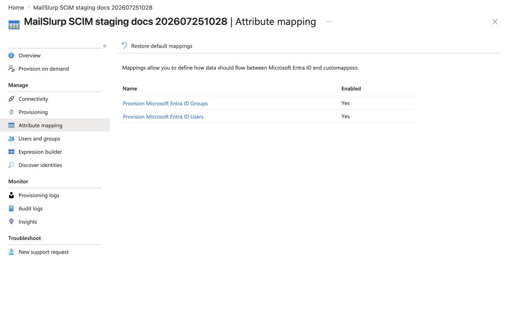 Microsoft Entra attribute mapping showing user and group provisioning enabled