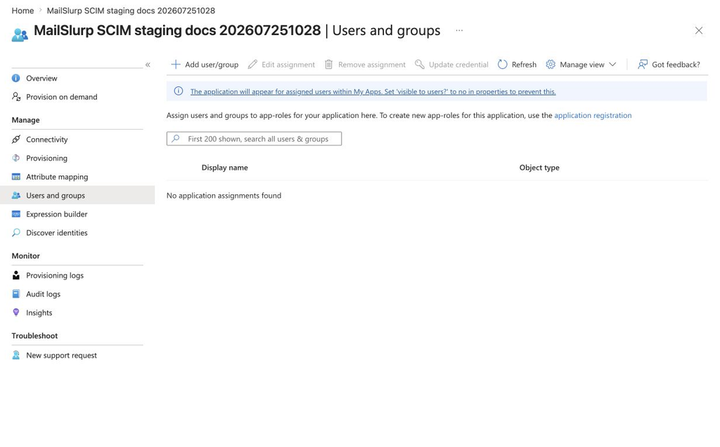 Microsoft Entra users and groups assignment page for a MailSlurp SCIM application