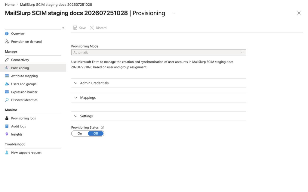 Microsoft Entra provisioning status control used to turn SCIM provisioning on