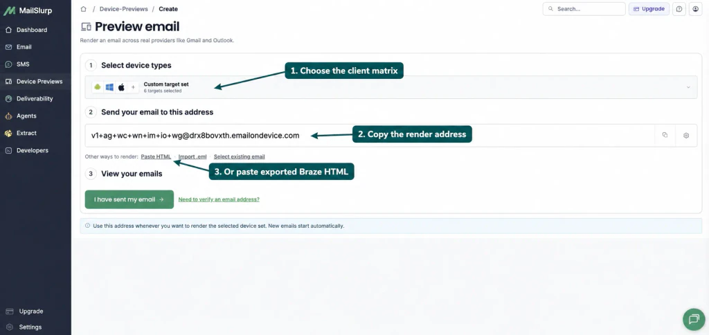 MailSlurp device preview setup with arrows showing the six-client matrix, render address, and Paste HTML option