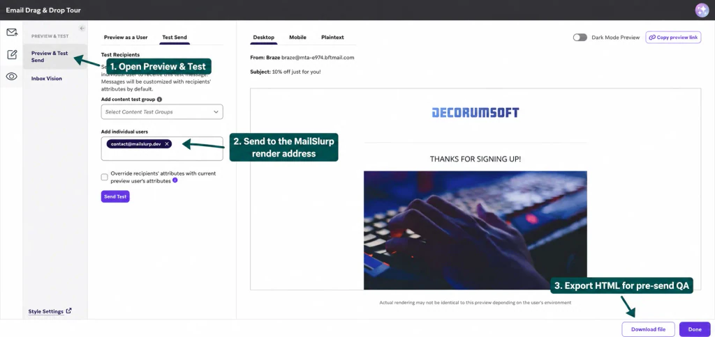 Braze Preview and Test screen with arrows showing the test-send entry, render-recipient field, and Download file option