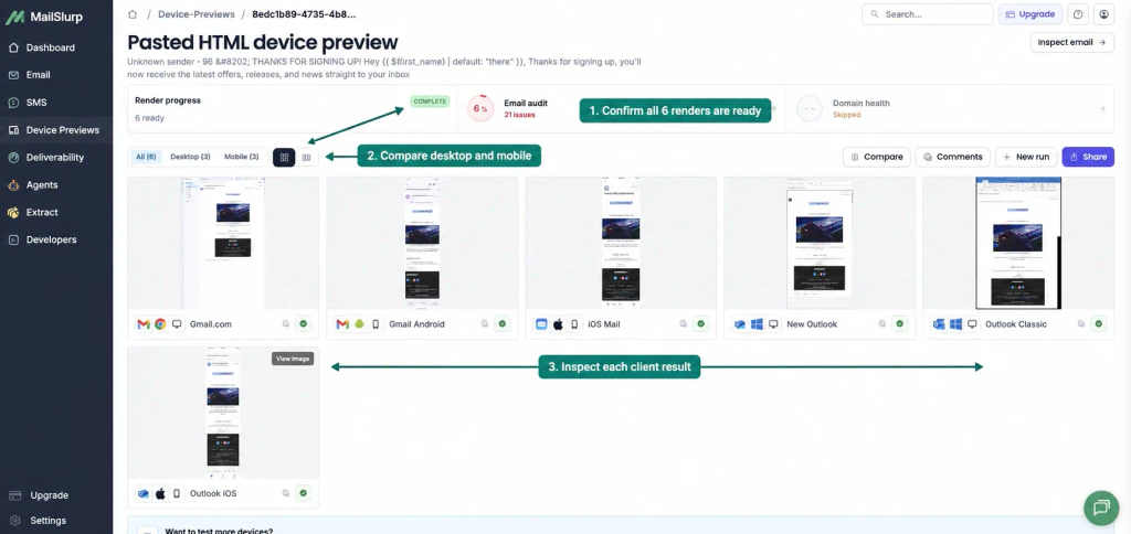 Completed MailSlurp Braze device preview with arrows showing six ready renders, desktop and mobile filters, and client result cards
