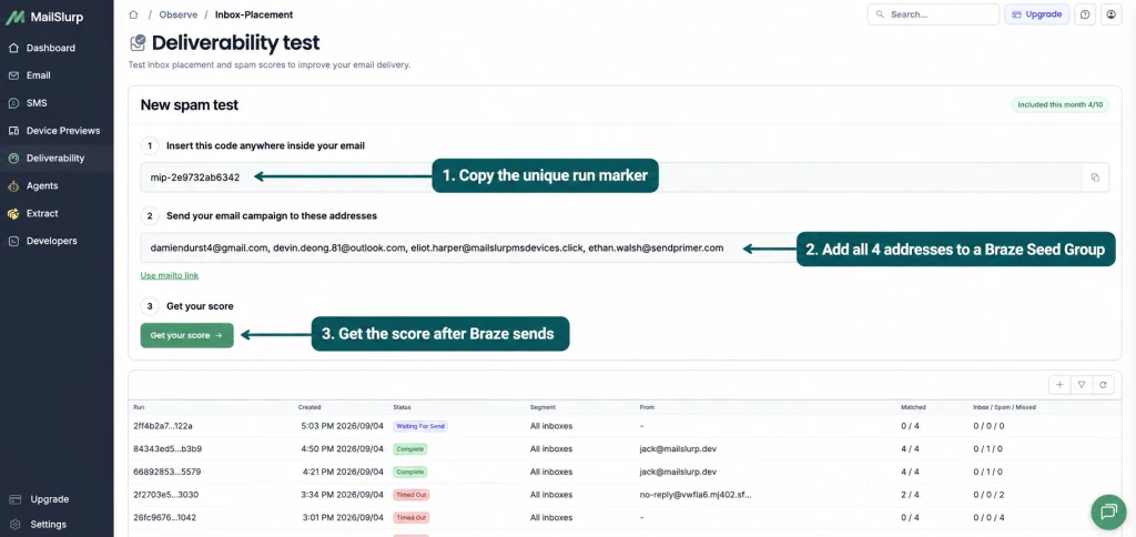 MailSlurp inbox placement setup with arrows showing the unique marker, four provider seeds, and Get your score action