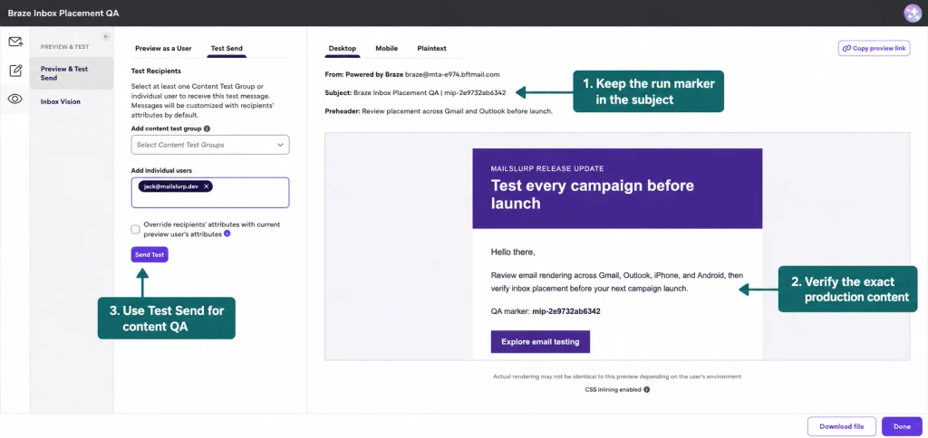 Braze Preview and Test screen with arrows showing the active placement marker, production content, and content-QA send