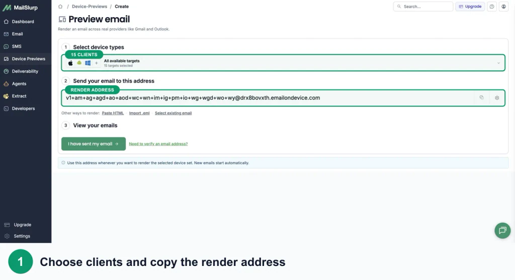 MailSlurp device preview setup with arrows showing the client matrix and generated render address