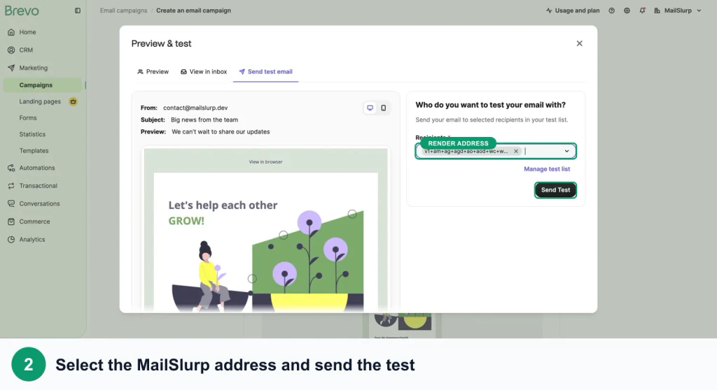 Brevo Preview and test dialog with arrows showing the MailSlurp render recipient and Send Test action