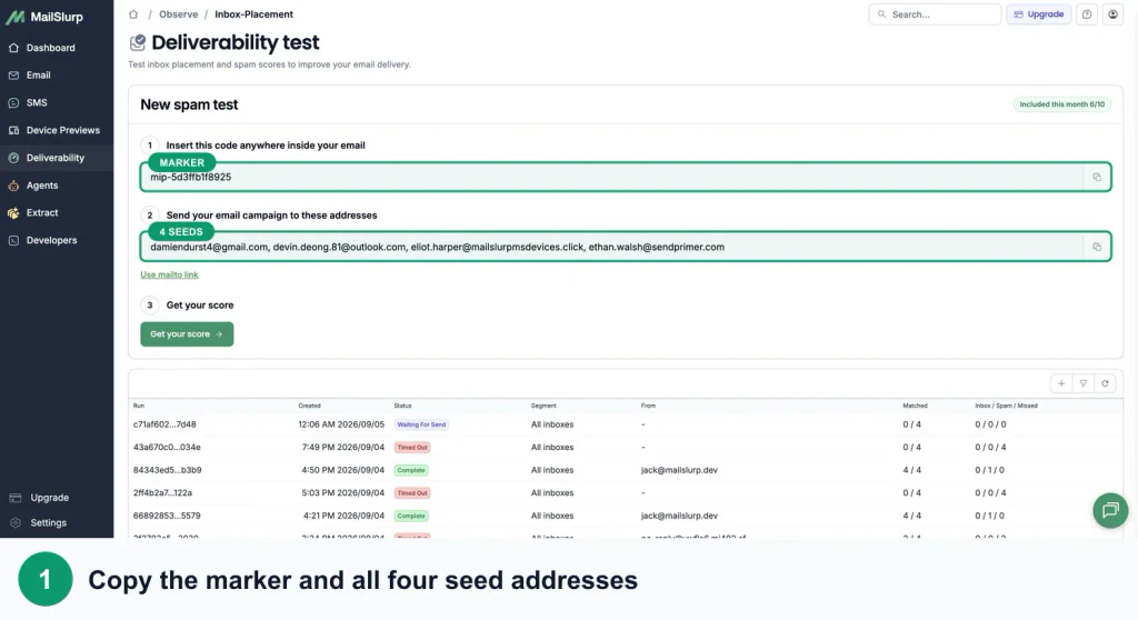 MailSlurp inbox placement setup with arrows showing the unique marker and four provider seed addresses