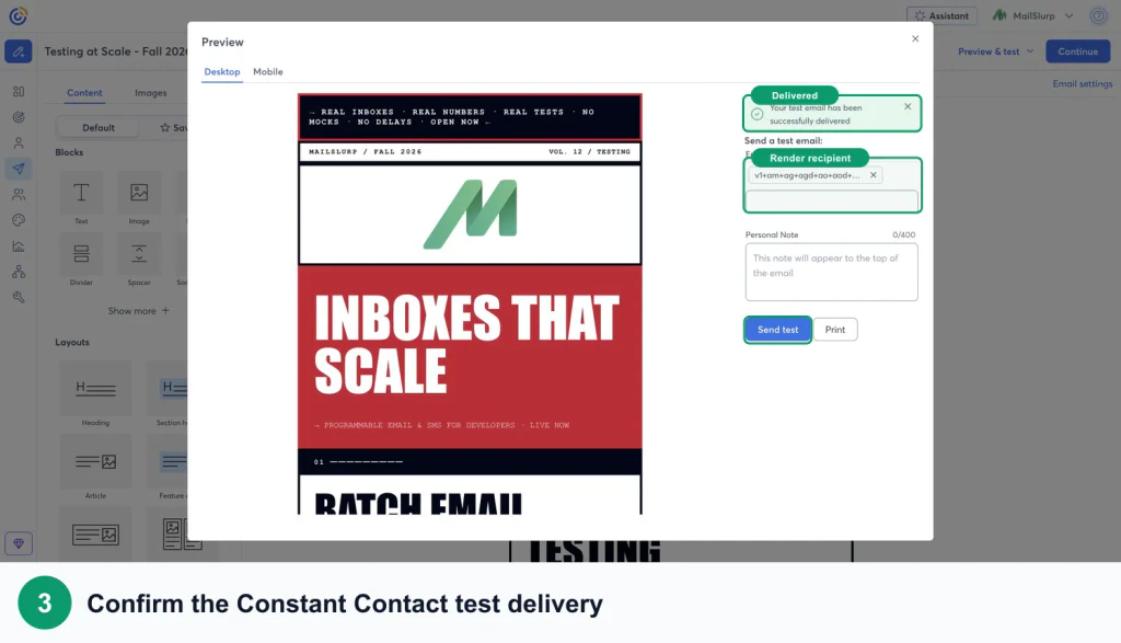 Constant Contact test-send screen with green callouts around the MailSlurp render recipient and send action