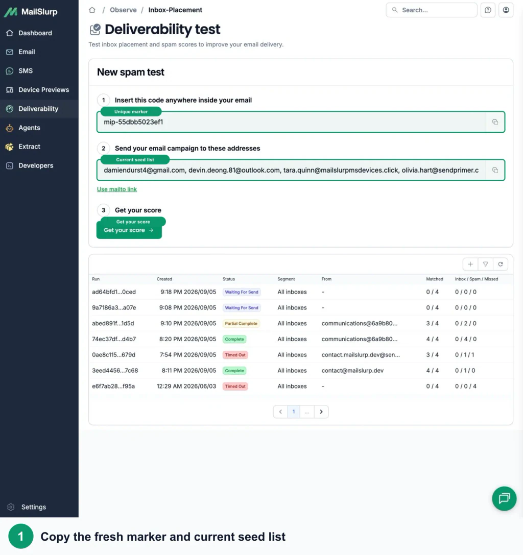 MailSlurp inbox placement setup with green callouts around the unique marker, seed list, and provider CSV action