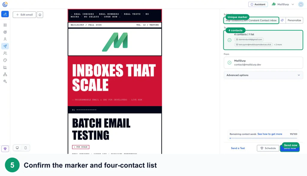Constant Contact campaign screen with green callouts around the current seed audience, marker, recipient count, and send action