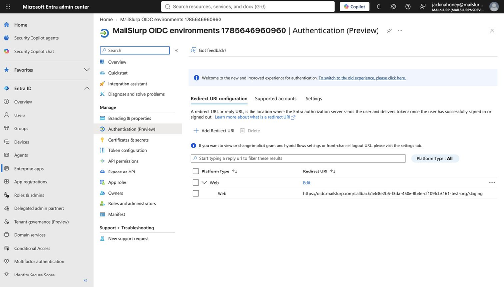 Entra OIDC redirect URI configuration