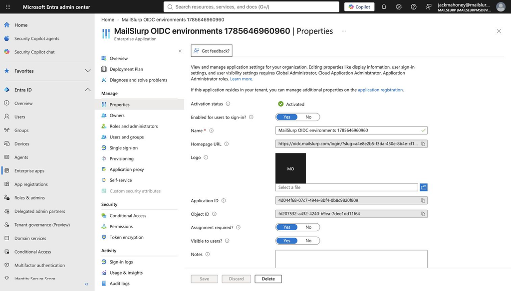 OIDC Enterprise Application properties with assignment required