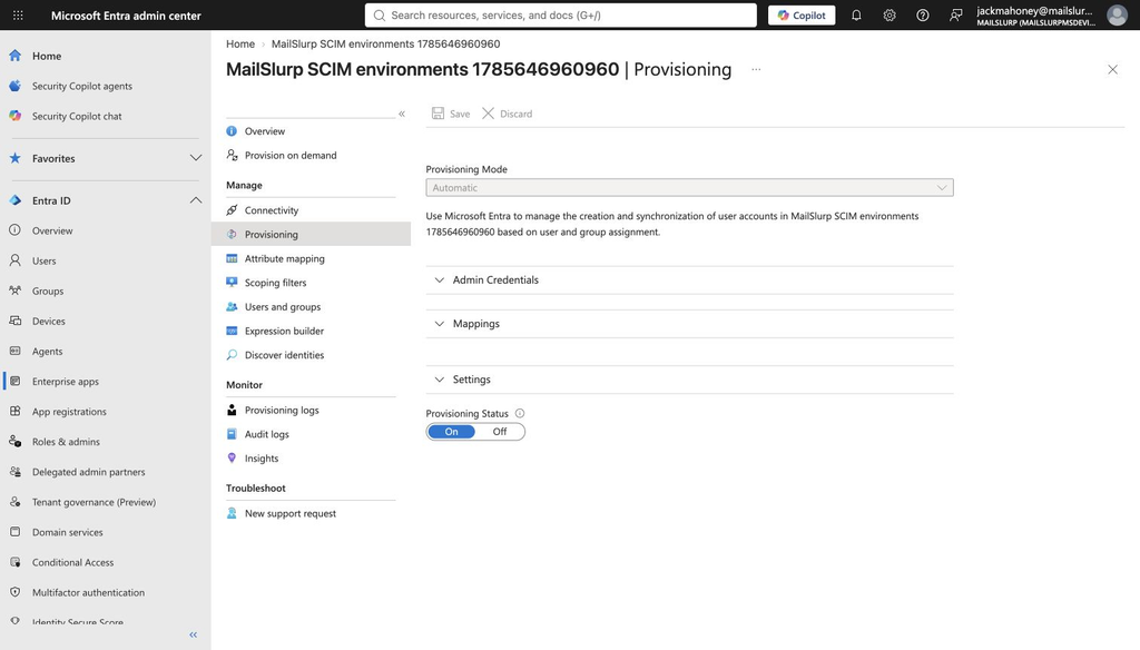 SCIM provisioning mode and status in Entra