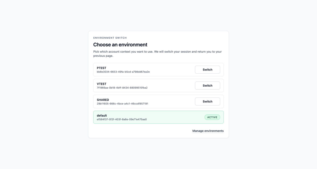 MailSlurp environment chooser for a user with multiple environment grants