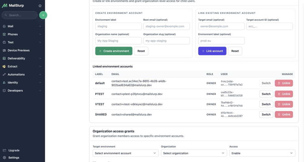 MailSlurp environment access grants for PTEST and VTEST
