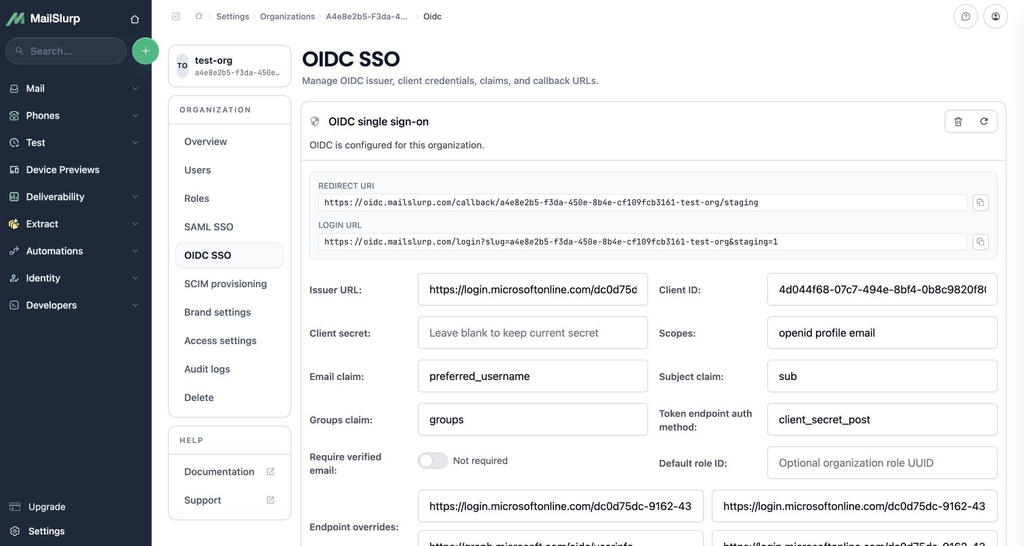 MailSlurp OIDC settings for an Entra organization