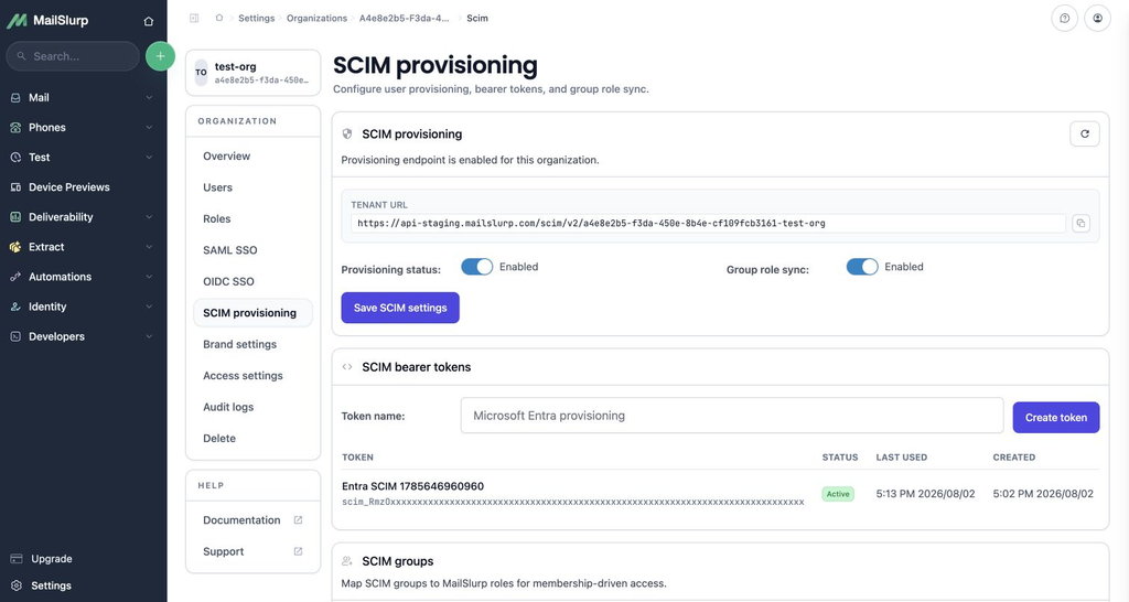 MailSlurp SCIM provisioning settings with the organization tenant URL, provisioning controls, and bearer tokens