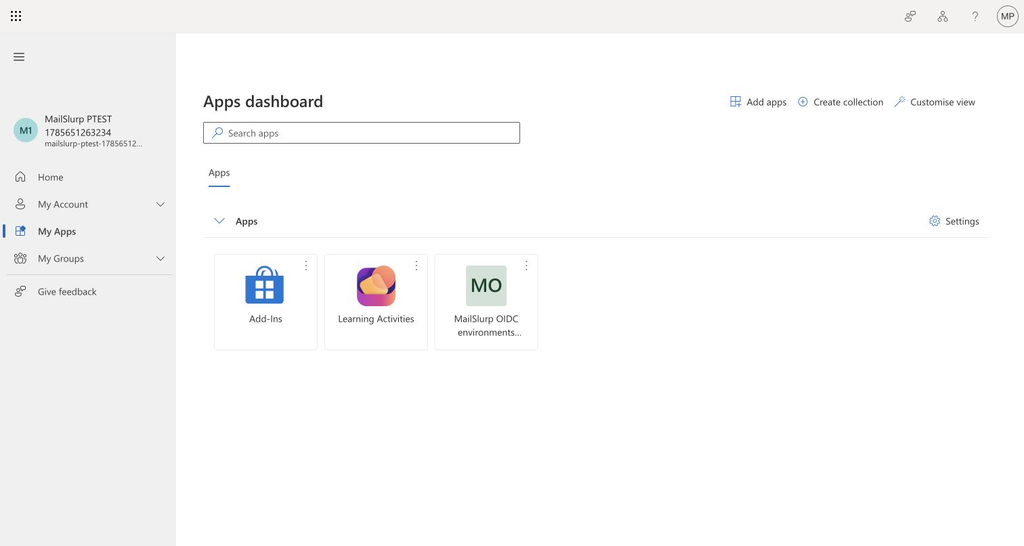 MailSlurp OIDC tile in Microsoft My Apps