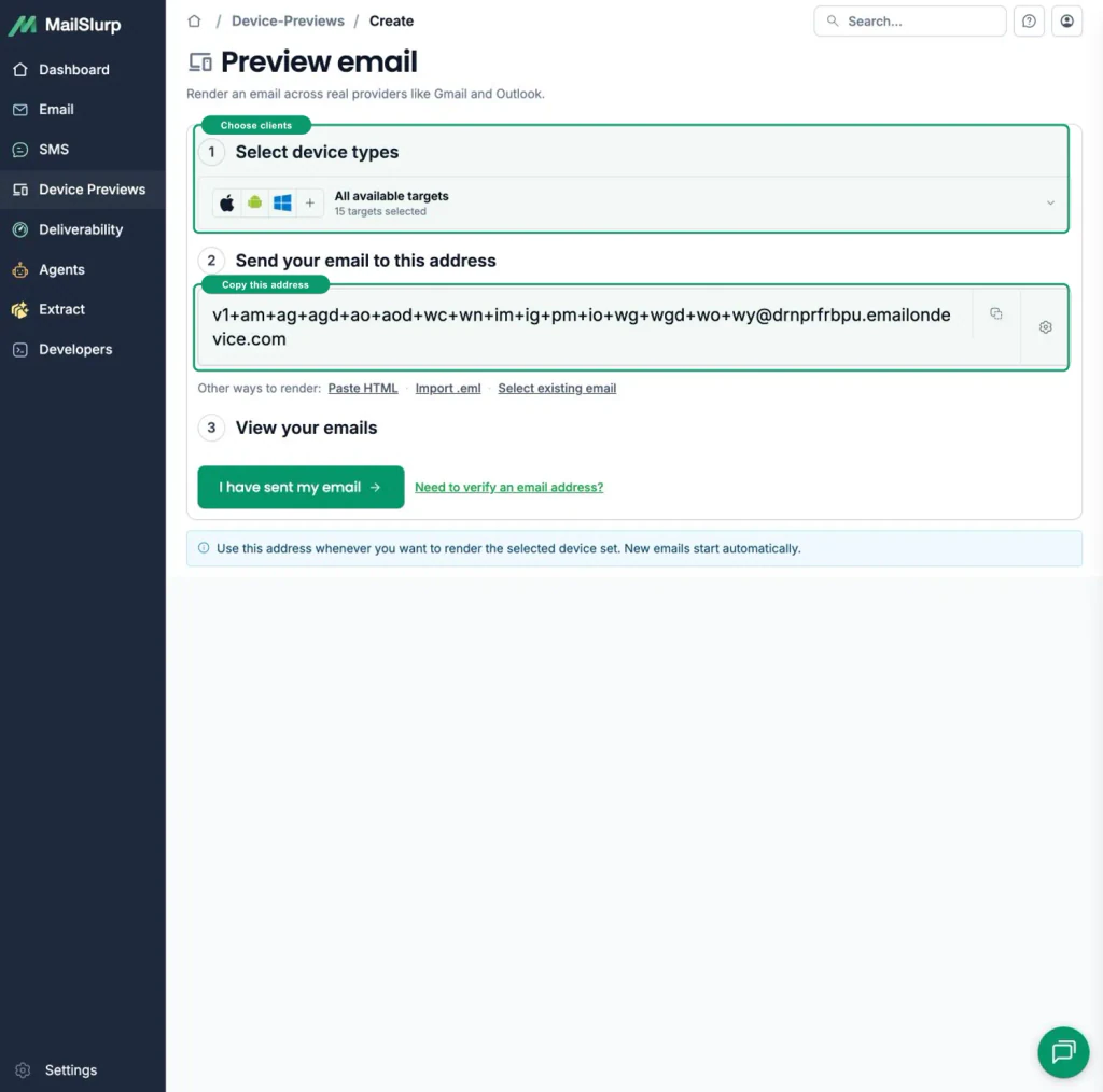 MailSlurp device preview setup with green callouts around the selected client matrix and generated render address