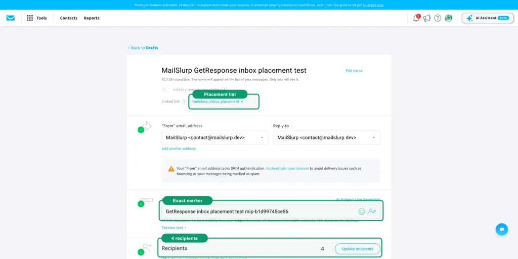 GetResponse campaign screen with green callouts around the current seed audience, marker, recipient count, and send action