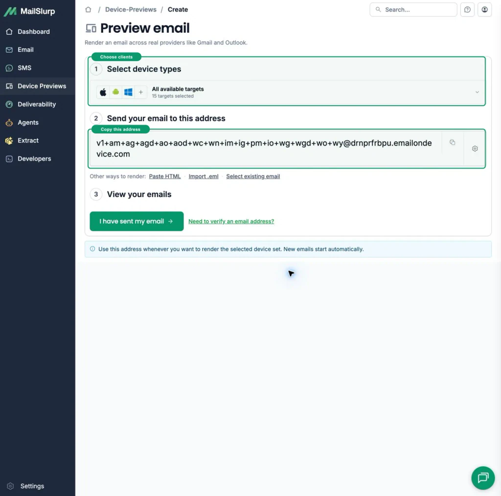 MailSlurp device preview setup with green callouts around the selected client matrix and generated render address