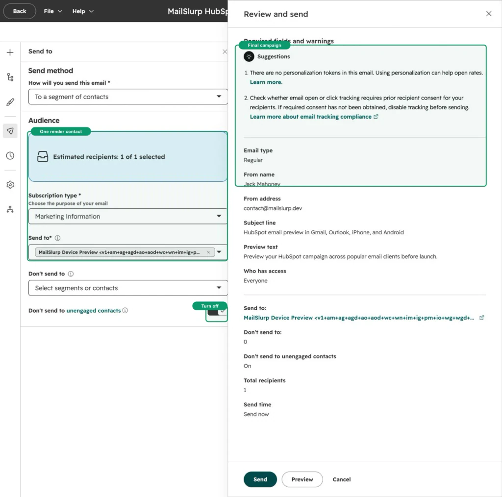 HubSpot review screen with green callouts around the one-contact MailSlurp render audience and final campaign details