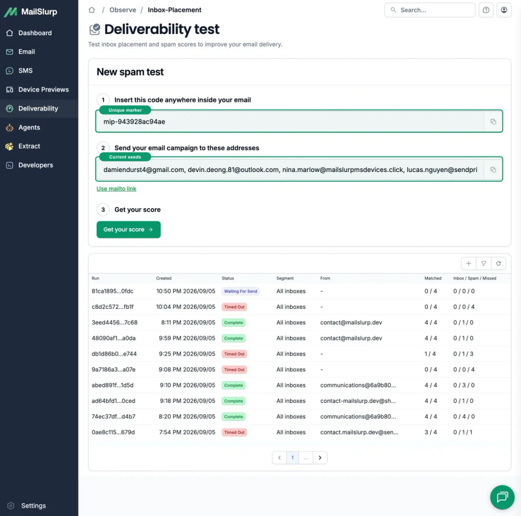 MailSlurp inbox placement setup with green callouts around the unique marker, seed list, and provider CSV action