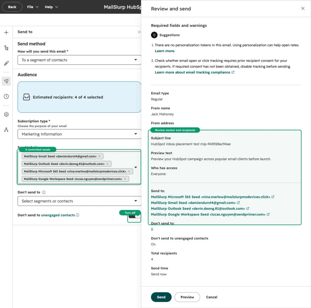 HubSpot campaign screen with green callouts around the current seed audience, marker, recipient count, and send action