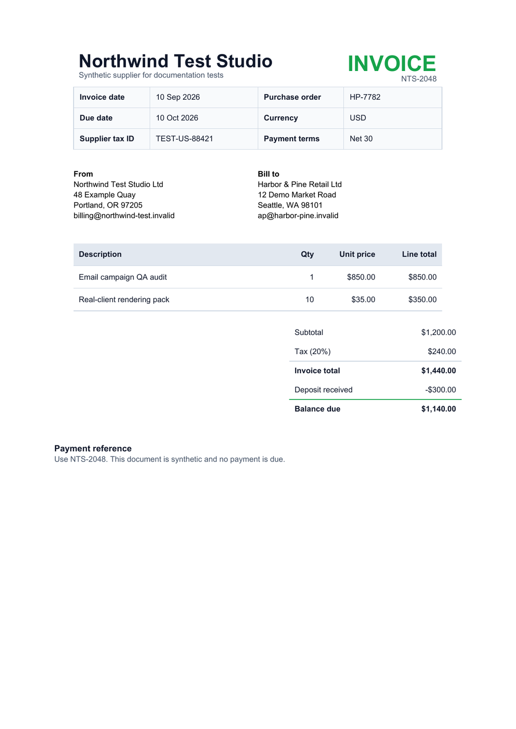 Synthetic PDF invoice with supplier, purchase order, line items, invoice total, deposit, and balance due