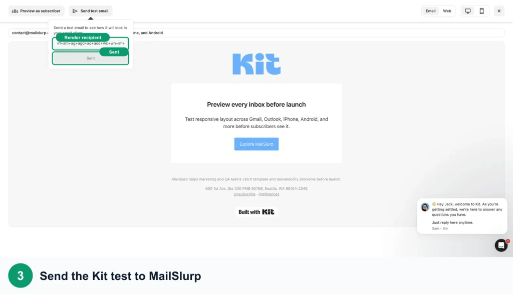 Kit test-send screen with green callouts around the MailSlurp render recipient and send action