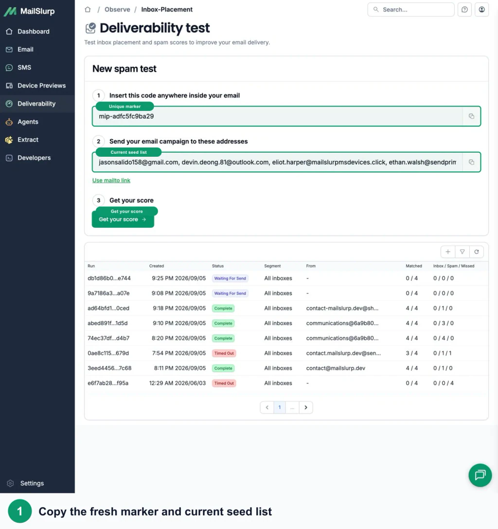MailSlurp inbox placement setup with green callouts around the unique marker, seed list, and provider CSV action