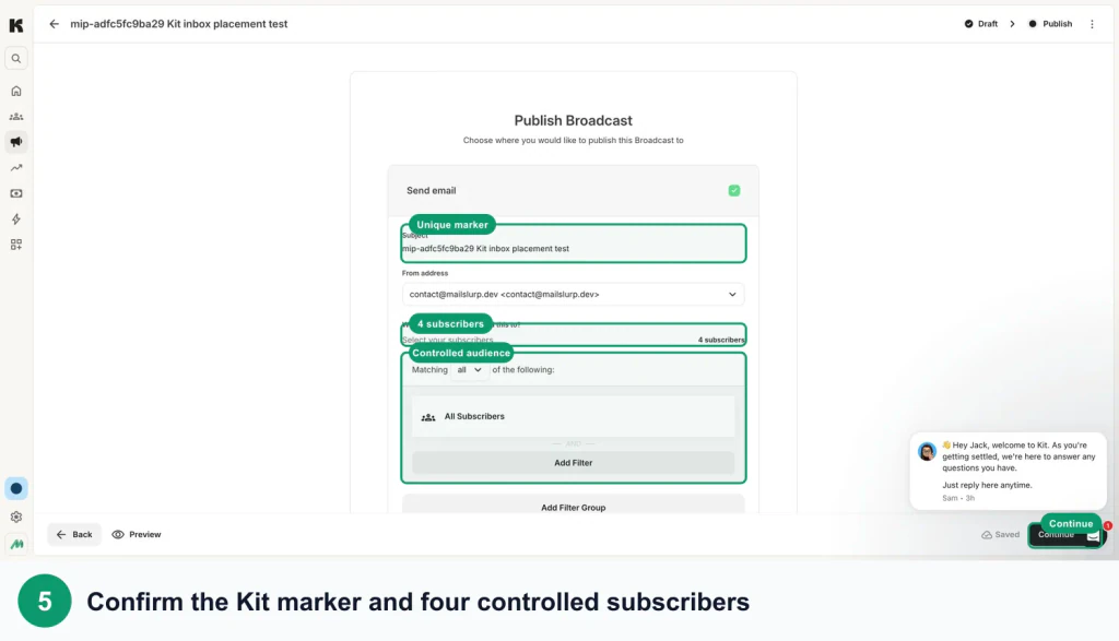Kit email prepared with a MailSlurp marker and controlled seed recipients