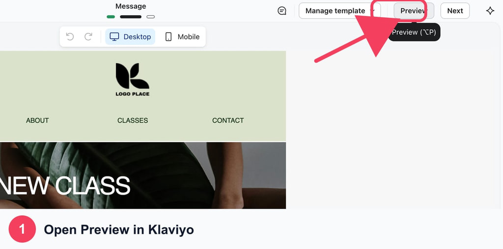Klaviyo email editor with the Preview button outlined and indicated by an arrow