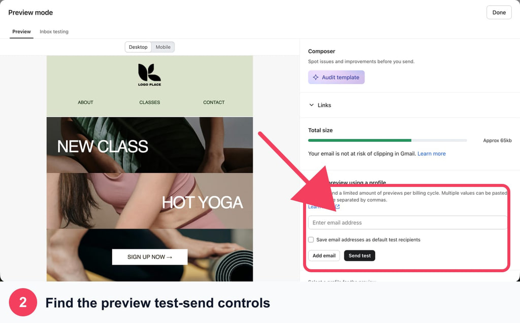 Klaviyo Preview mode with the test-send controls outlined and indicated by an arrow